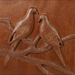 Aletha Macy Carved Wood Bird Plaque, “Two Doves on a Branch”, circa 1950-60