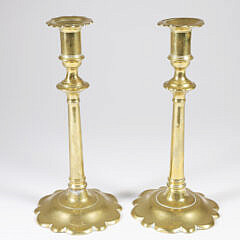 Pair of Queen Anne Brass Pushup Candlesticks, 18th Century
