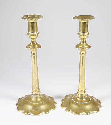 Pair of Queen Anne Brass Pushup Candlesticks, 18th Century