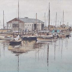 Sandy Sutherland Watercolor and Pen “Nantucket Boat Shop”