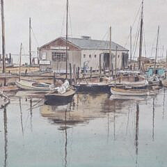 Sandy Sutherland Watercolor and Pen “Nantucket Boat Shop”