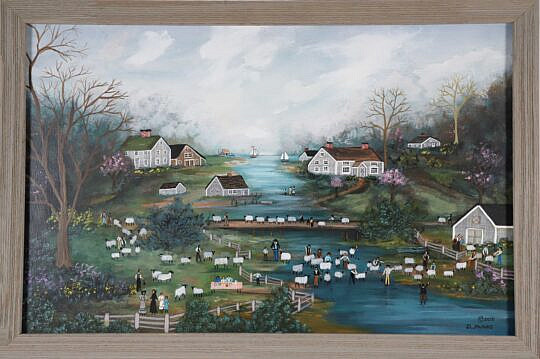 Jan Munro Mixed Media on Masonite "Washing the Sheep, Nantucket"