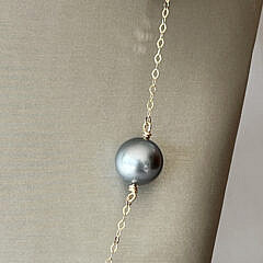 11mm Tahitian Grey Pearl Tin Cup Necklace, 10k Gold Chain