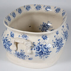 Antique Blue Rose Transferware Foot Basin with Applied Handles