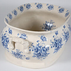 Antique Blue Rose Transferware Foot Basin with Applied Handles