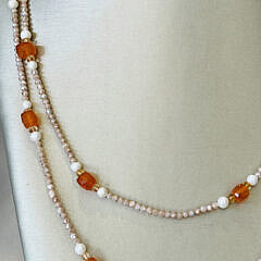 Faceted Carnelian, Smokey Moonstone and Seed Pearl Necklace