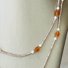 Faceted Carnelian, Smokey Moonstone and Seed Pearl Necklace
