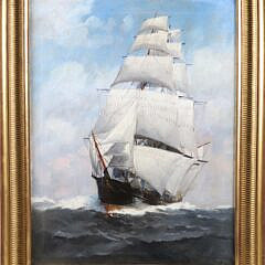 T. Bailey Oil on Canvas "Bow View of a Fully Rigged Clipper on the Open Seas"