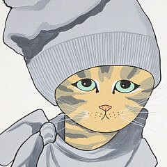 Maggie Meredith Oil on Canvas “Portrait of a Cat Wearing a Grey Winter Hat”
