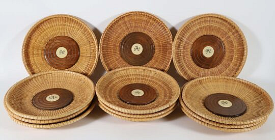 Twelve Nantucket Basket Trays with Center Scrimshaw Emblem "S.A.D."