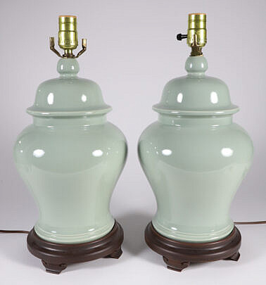 116-5515 Pair Green Glazed Temple Jars as Lamps A_IMG_9574