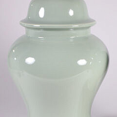 Pair of Contemporary Celedon Green Glazed Temple Jars Mounted as Lamps