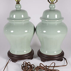 Pair of Contemporary Celedon Green Glazed Temple Jars Mounted as Lamps