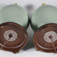 Pair of Contemporary Celedon Green Glazed Temple Jars Mounted as Lamps