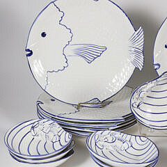 Italian Ceramic Blue and White Fish-Form Dinner Plates and Clamshell Bowls