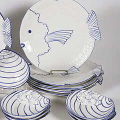Italian Ceramic Blue and White Fish-Form Dinner Plates and Clamshell Bowls