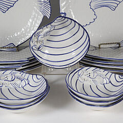 Italian Ceramic Blue and White Fish-Form Dinner Plates and Clamshell Bowls