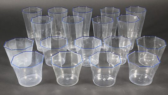 Set of 19 Original Murano Glass Octagonal Drinking Glasses with Blue Rim