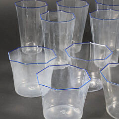 Set of 19 Venini Murano Glass Octagonal Drinking Glasses with Blue Rim