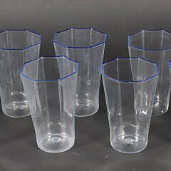 Set of 19 Venini Murano Glass Octagonal Drinking Glasses with Blue Rim