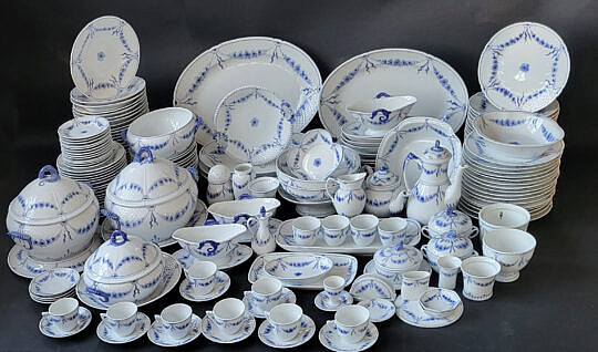 Danmark Danish Blue and White Dinner Service with Floral Decorations & Seahorse Handle