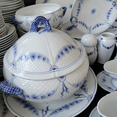 Bing & Grondahl Denmark Blue and White Dinner Service with Floral Decorations & Seahorse Handles