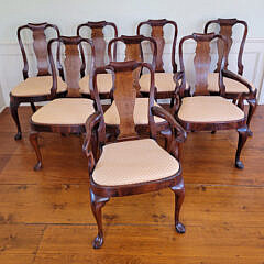 Set of Eight Mahogany and Burlwood Shield-Back Dining Chairs