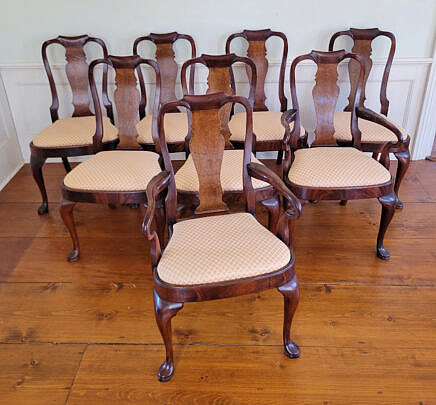Set of Eight Mahogany and Burlwood Shield-Back Dining Chairs