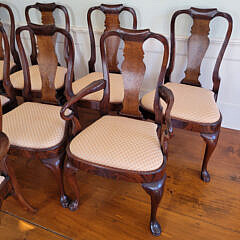 Set of Eight Queen Anne Mahogany and Burr-Walnut Shield-Back Dining Chairs