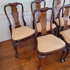 Set of Eight Queen Anne Mahogany and Burr-Walnut Shield-Back Dining Chairs