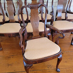 Set of Eight Queen Anne Mahogany and Burr-Walnut Shield-Back Dining Chairs