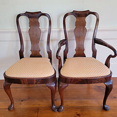 Set of Eight Queen Anne Mahogany and Burr-Walnut Shield-Back Dining Chairs