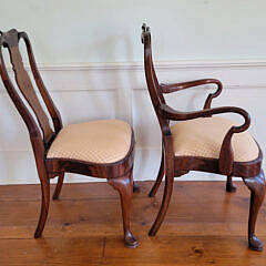 Set of Eight Queen Anne Mahogany and Burr-Walnut Shield-Back Dining Chairs