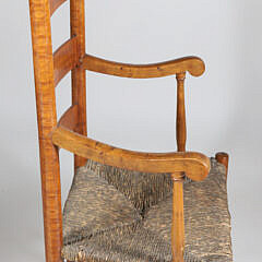 Early American Tiger Maple Ladderback Rush Seat Armchair, 19th Century