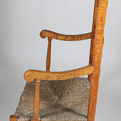Early American Tiger Maple Ladderback Rush Seat Armchair, 19th Century