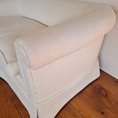 Designer Creme Upholstered Single Cushion Skirted Settee with Rolled Arms