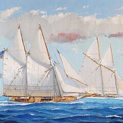 William Lowe Oil on Linen “Schooners Departing Nantucket”