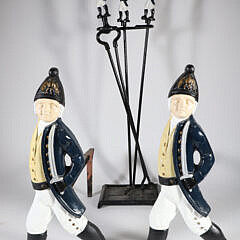 Pair of Painted Cast Iron Hessian Andirons with Matching Three-Piece Tool Set