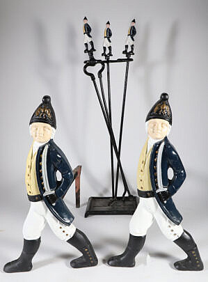 Pair of Painted Cast Iron Hessian Andirons with Matching Three-Piece Tool Set