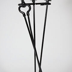 Pair of Painted Cast Iron Hessian Andirons with Matching Fireplace Tool Set