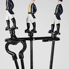 Pair of Painted Cast Iron Hessian Andirons with Matching Fireplace Tool Set