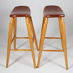 Pair of Signed Stephen Swift Cherry and Ash Bar Stools, circa 1987