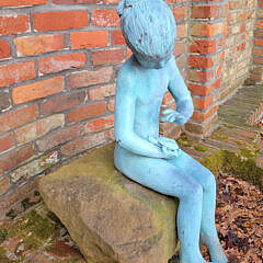 Green Patina Signed Bronze Sculpture of a Girl with a Turtle