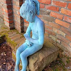Green Patina Signed Bronze Sculpture of a Girl with a Turtle