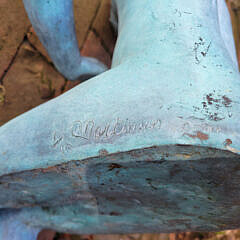 Green Patina Signed Bronze Sculpture of a Girl with a Turtle