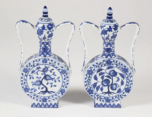 Pair of Chinese Blue and White Porcelain Flask Jars