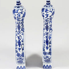 Pair of Chinese Export Blue and White Porcelain Covered Flask Jars