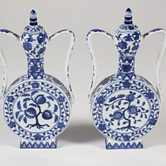 Pair of Chinese Export Blue and White Porcelain Covered Flask Jars