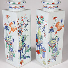 Pair of Chinese Export Famille Verte Porcelain Square Panel Vases, 19th Century