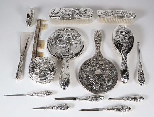 Chinese Export Silver Vanity Set